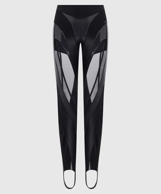 image of Mugler O1Mle0524 Glossy Sheer Spiral Leggings In Black, Women's (Size 30)