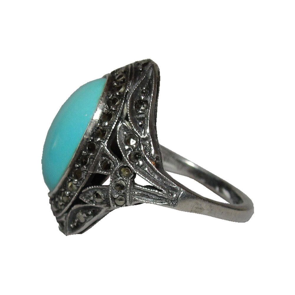 Designer Art Deco Sterling Marcasite and Turquoise Ring Size ONE SIZE - 2 Thumbnail