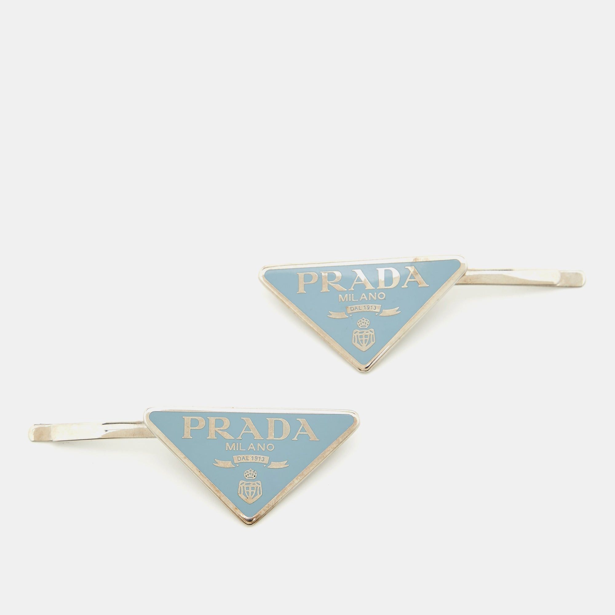 image of Prada Bluette Enamel Silver Tone Hair Pin, Women's