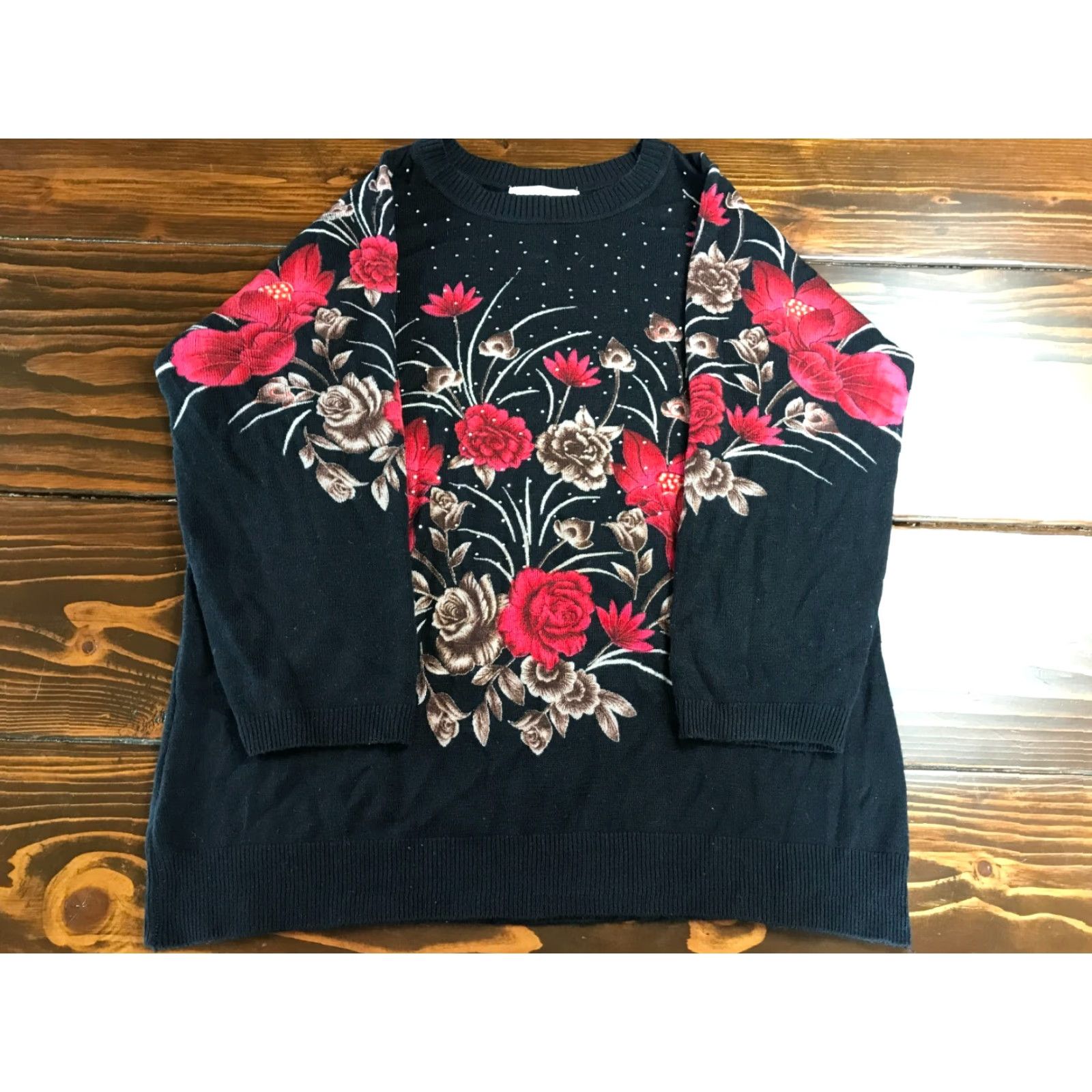 Vintage Cathy Daniels Sweater Women's XL Black Floral 1/2 Sleeve Jeweled Pullover Knit Size XL / US 12-14 / IT 48-50 - 2 Thumbnail