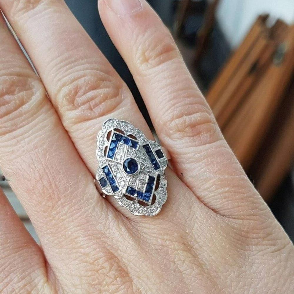 Designer Vintage Blue Sapphire European Silver Art Deco Ring - Size 7 Size ONE SIZE - 6 Thumbnail