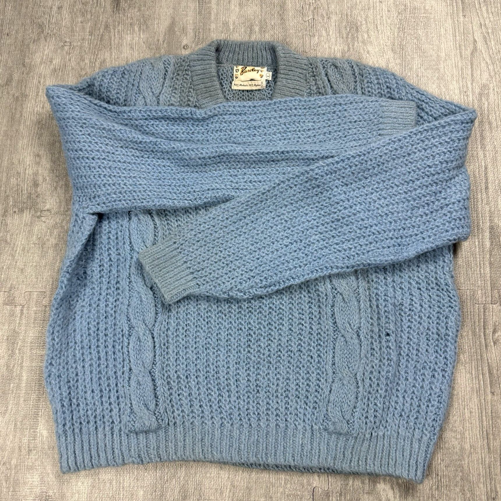 Vintage VINTAGE 60s BARCLAY Mohair Fuzzy V-Neck Sweater Men’s Large Blue Cable-Knit Pullover Fall Winter Classic Size US L / EU 52-54 / 3 - 4 Thumbnail