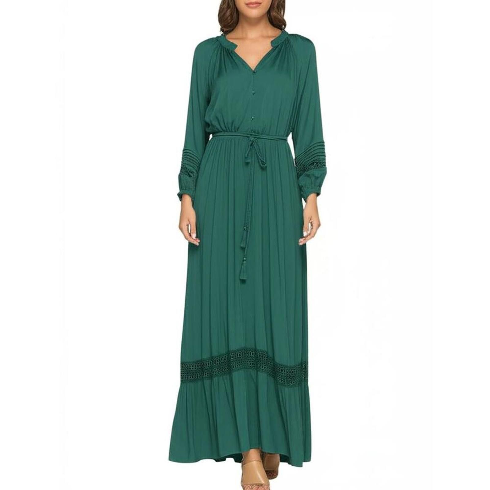 Chicos Maxi Dress 12 Green Bohemian Flowy Waist Tiered Lace - swbc.ae