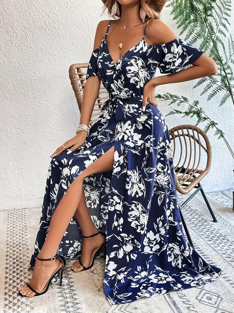 Other Off-Shoulder Split Dress Floral Print Long With Belt dress Size XL / US 12-14 / IT 48-50 - 2 Thumbnail