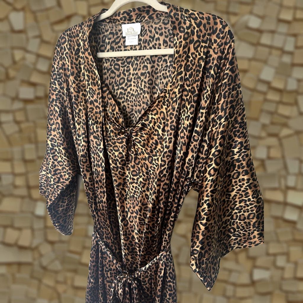 Vintage VINTAGE L.A. Intimates Leopard Print Chemise Nightgown Robe Set Womens XL Satin Polyester Brown 90s Belted Adjustable Strap Size ONE SIZE - 1 Thumbnail