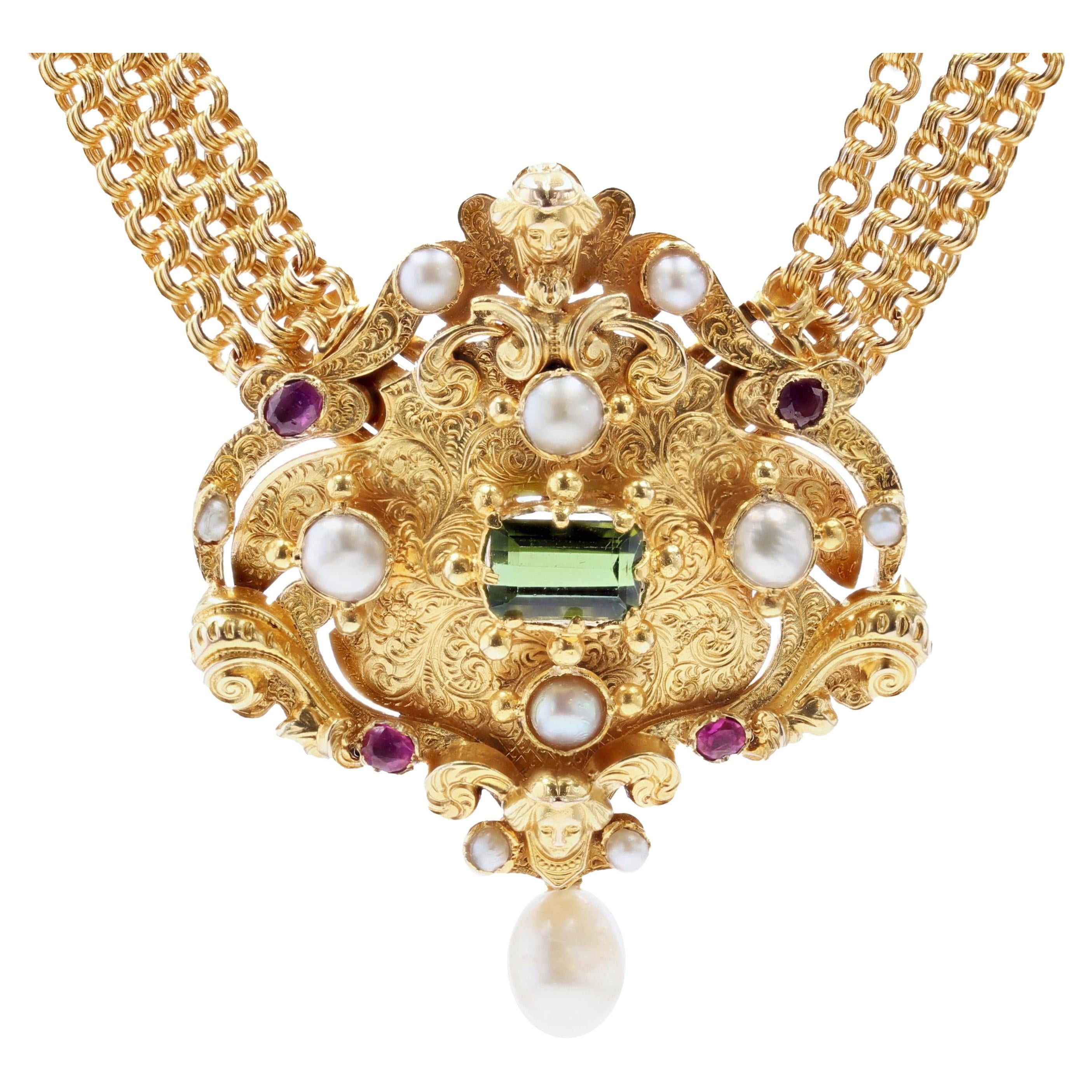 image of Vintage French Pearl Ruby Tourmaline 18K Yellow Gold Transformable Antique Necklace, Women's