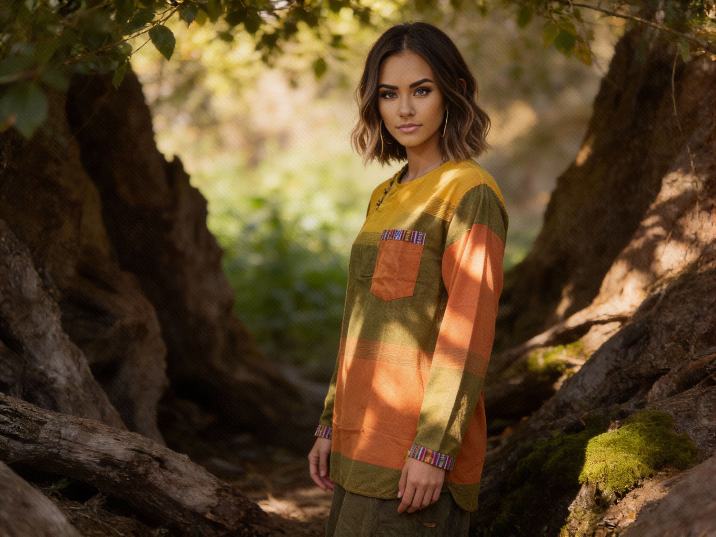 Other Cotton Long-Sleeve Round Neck Tunic: Tri Color: Orange: M Size US M / EU 48-50 / 2 - 1 Thumbnail