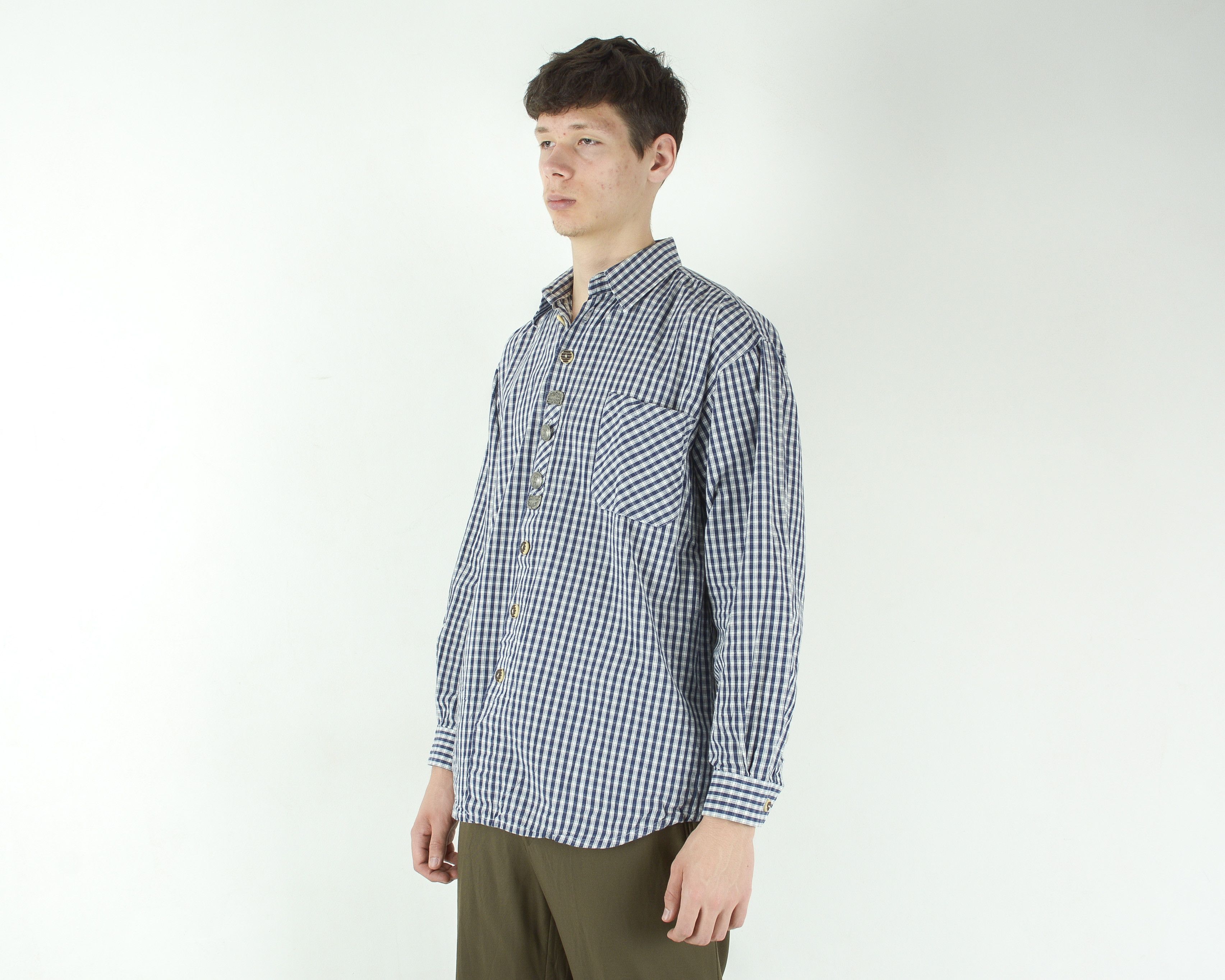 Vintage SOLO trachten jager janker Check Shirt Button Long Sleeve m Size US M / EU 48-50 / 2 - 1 Thumbnail