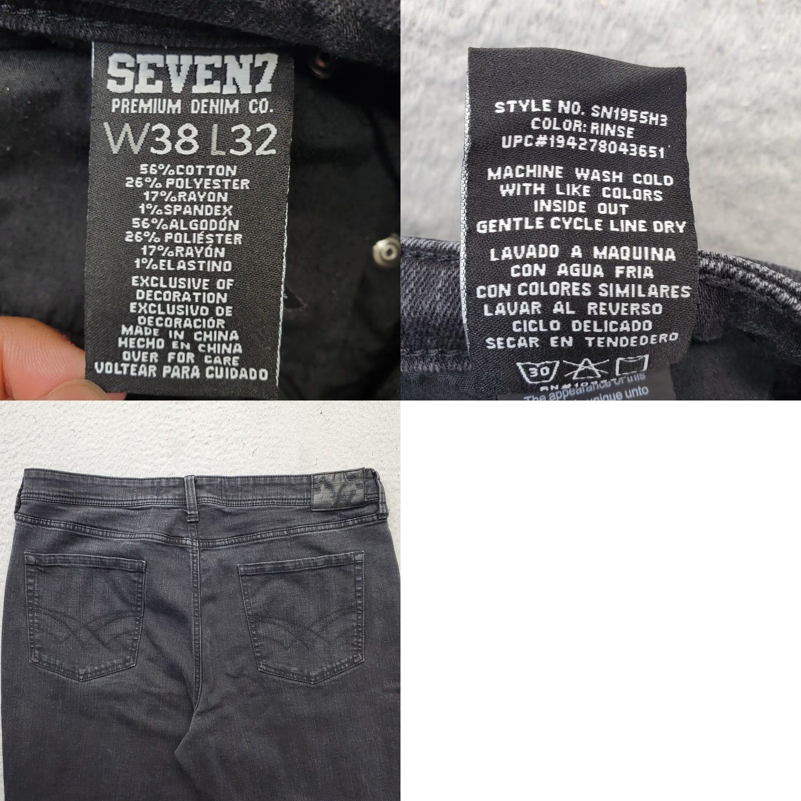 Vintage Seven7 Jeans Mens 38x32 Black Denim Slim Straight Fit Dark Wash 5-Pocket Design Size US 38 / EU 54 - 8 Thumbnail