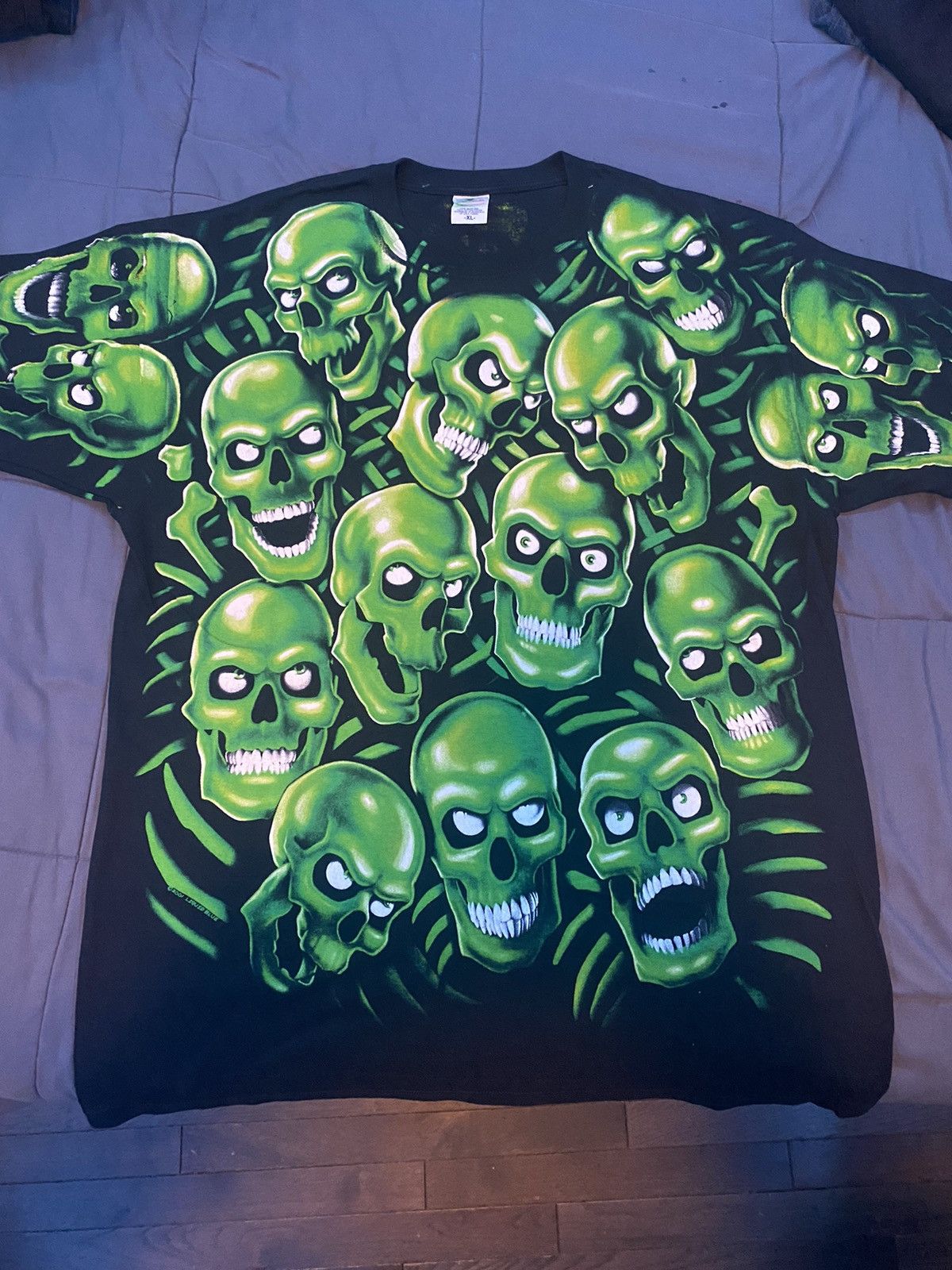 image of Anvil XL 2001 Liquid Blue Green Skull Shirt in Black, Men's