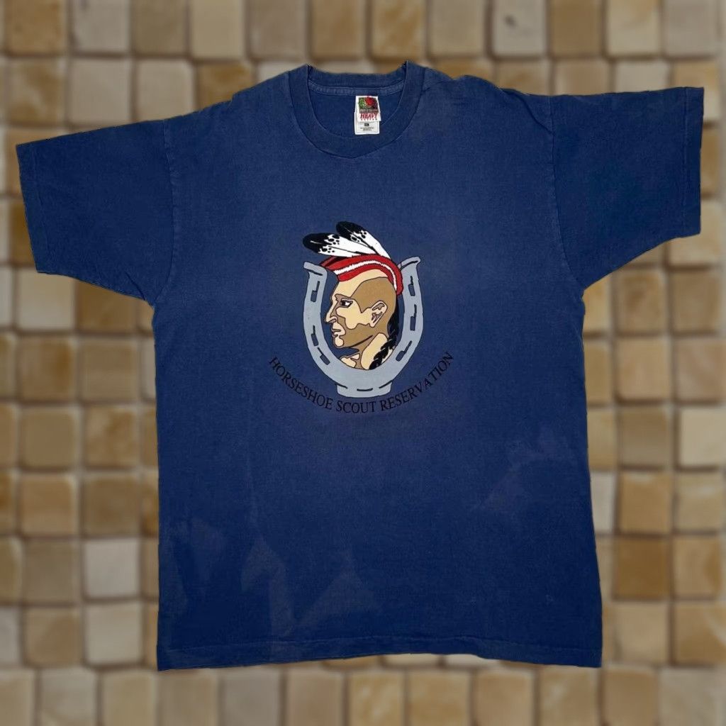 Fruit Of The Loom VINTAGE 90’s HORSESHOE SCOUT RESERVATION Graphic T-Shirt XL Navy Mens Shirt XL Blue Graphic souvenir spellout print to front 90s Mens Size US XL / EU 56 / 4 - 1 Thumbnail