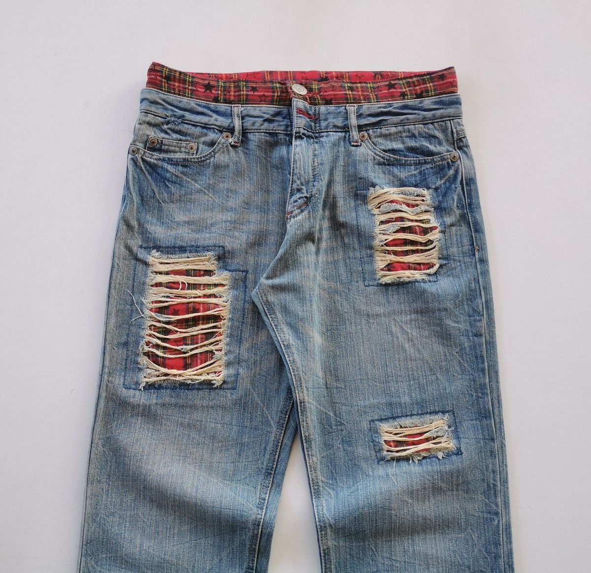 Japanese Brand Unbrand Double Waist Tartan Patch Denim Jeans Size US 32 / EU 48 - 2 Thumbnail