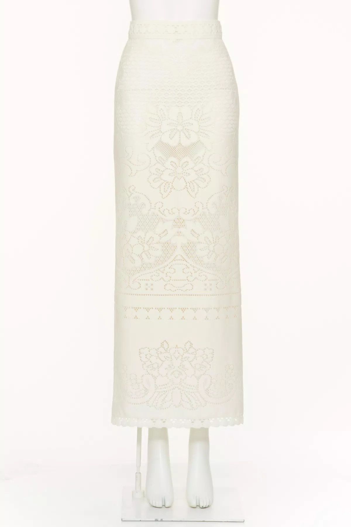 Valentino o1s1wg110925 Cotton Lace Midi Skirt in White/Almond Size 26" / US 2 / IT 38 - 2 Thumbnail