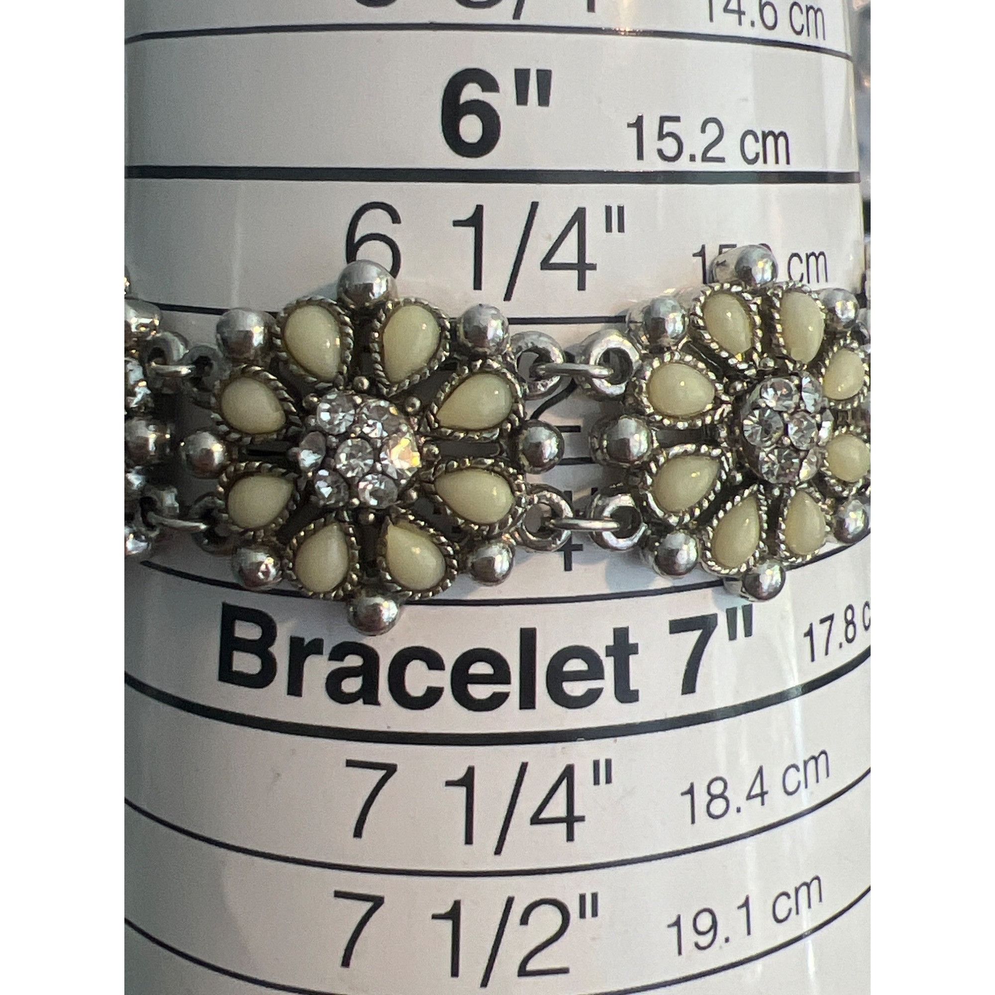 Other Silver Tone Flower Chain Bracelet Cream Clear Rhinestones Fl Size ONE SIZE - 4 Thumbnail
