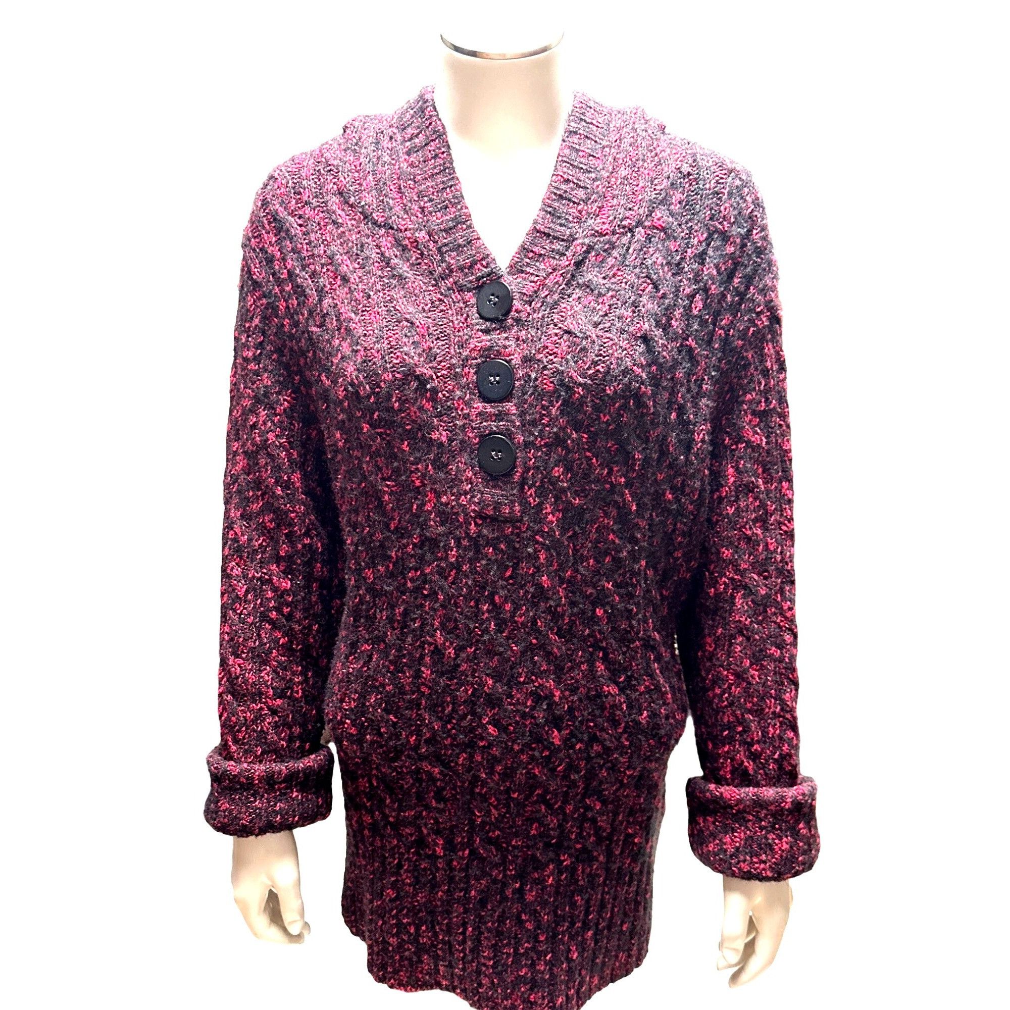 Cabelas Cabelas Burgundy Black Button Up Hooded Sweater Cozy Knit Co Size L / US 10 / IT 46 - 1 Thumbnail
