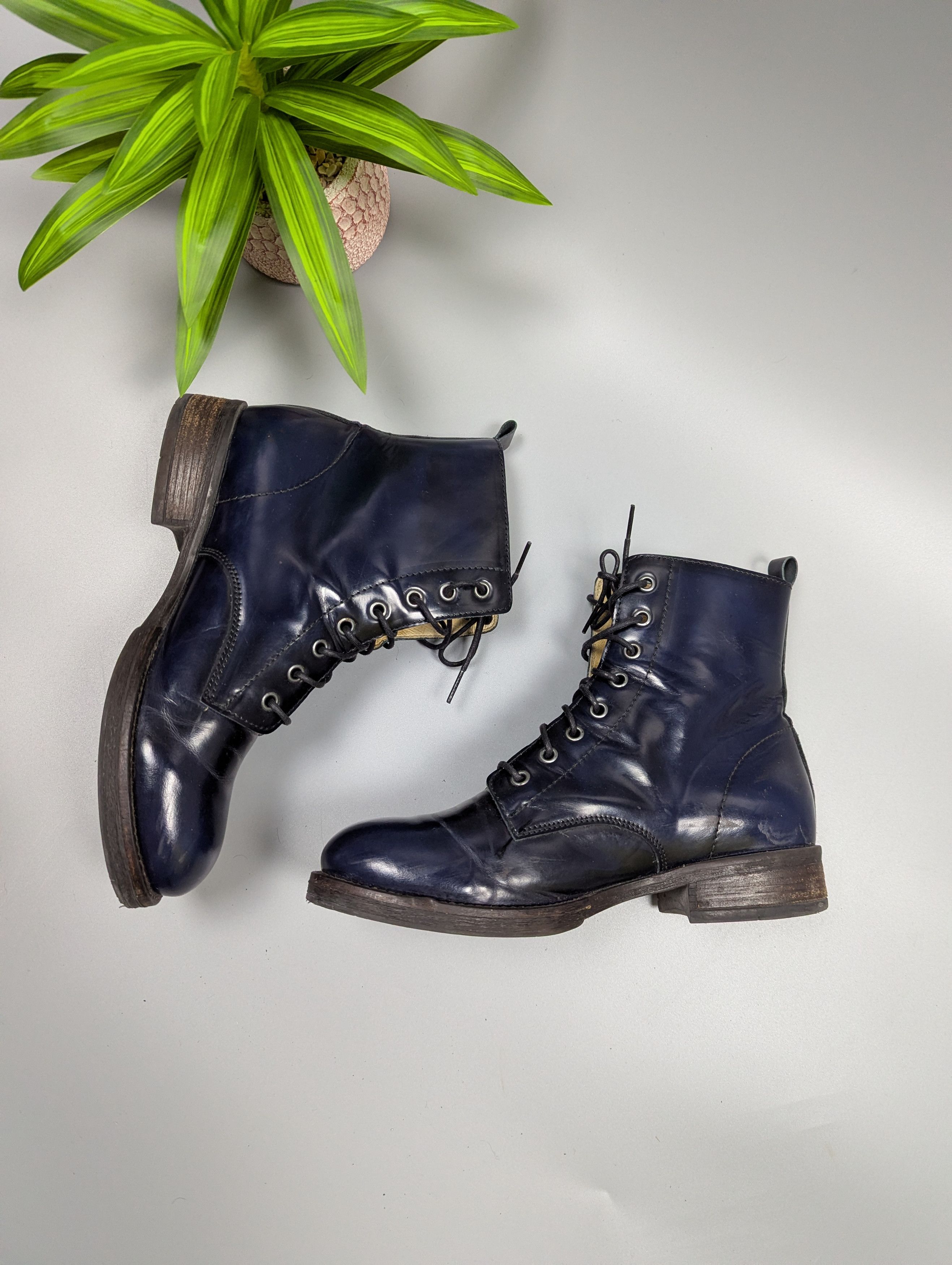 Vintage BRAKO Anatomic Navy Blue Patent Leather Lace-Up Boots Size US 9 / IT 39 - 6 Thumbnail