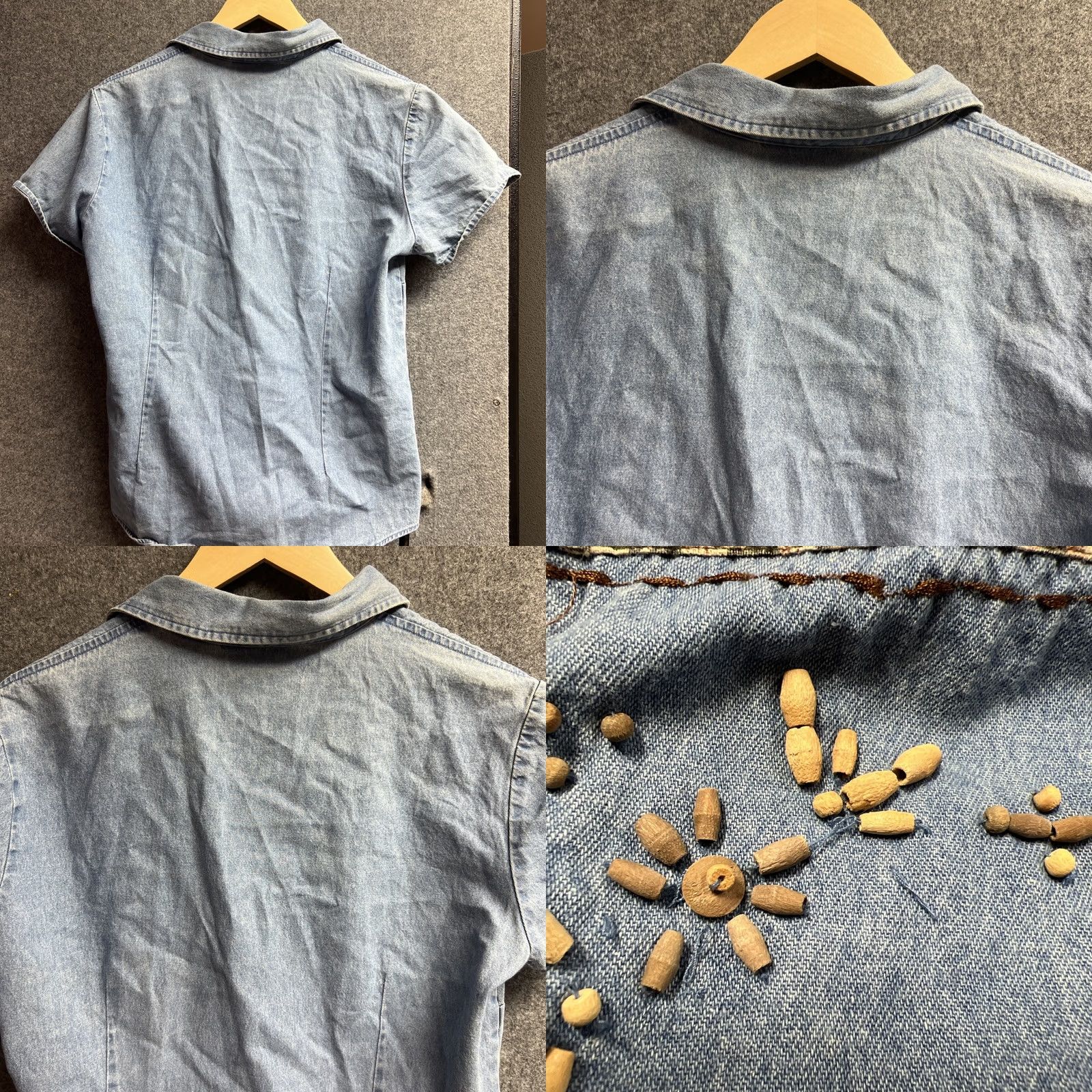 Vintage Lemon Grass Denim Shirt Women L Blue Animal Print Wood Beads Button-Up Short Sleeve Casual Travel 100% Cotton Denim Embroidered Solid Collared Size L / US 10 / IT 46 - 8 Thumbnail