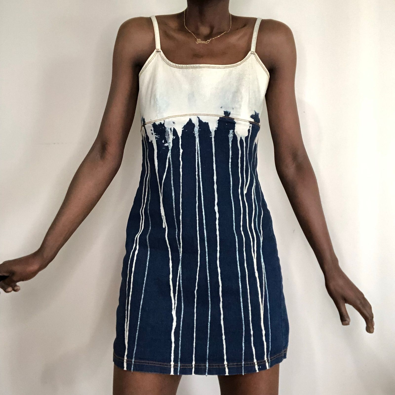 Vintage Vintage Y2K Aqua Blues Glitter & Drip Denim Slip Dress Size M / US 6-8 / IT 42-44 - 2 Thumbnail