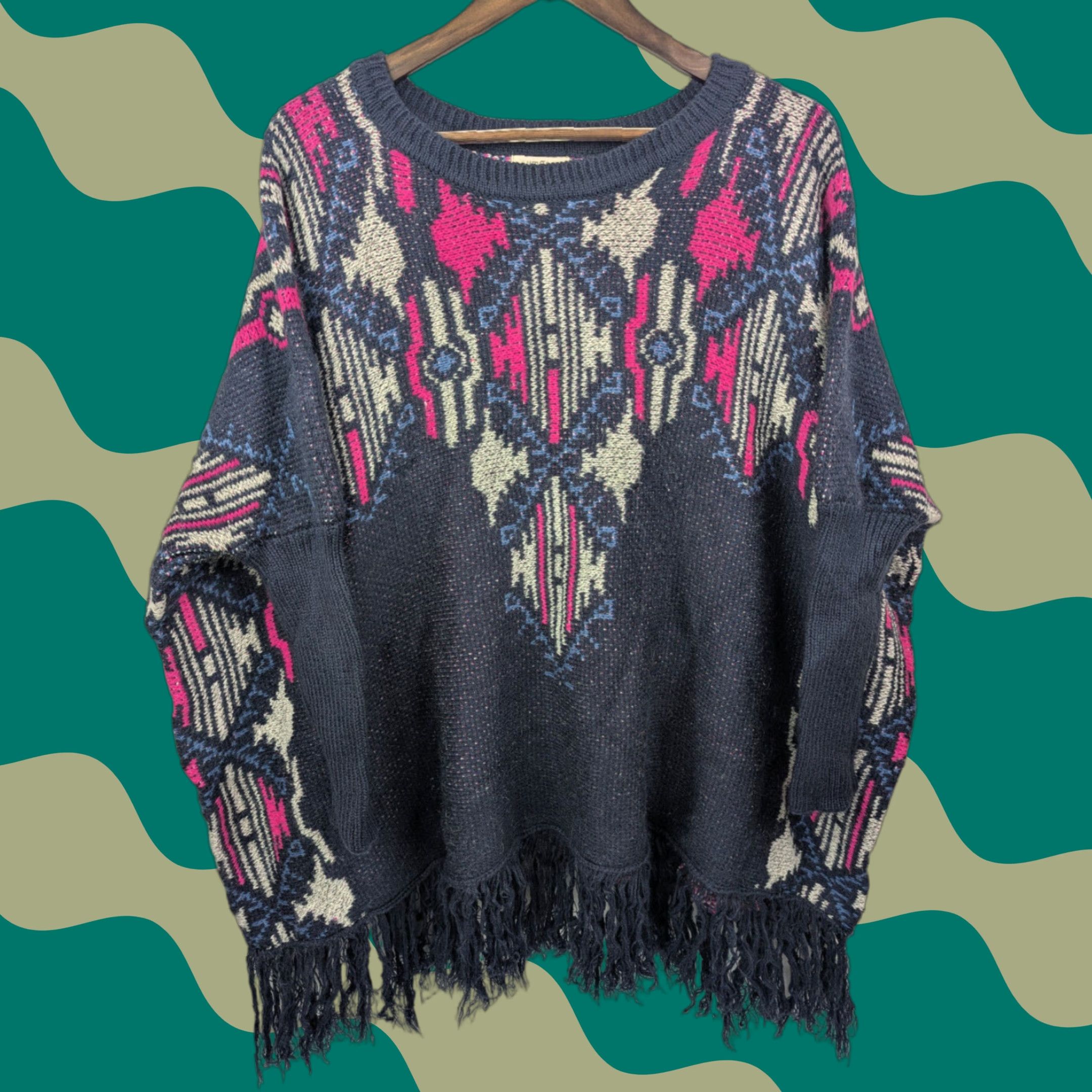 Vintage Umgee Navy Aztec Oversized Sweater Poncho S/M Southwest Print Fringe Size S / US 4 / IT 40 - 1 Thumbnail