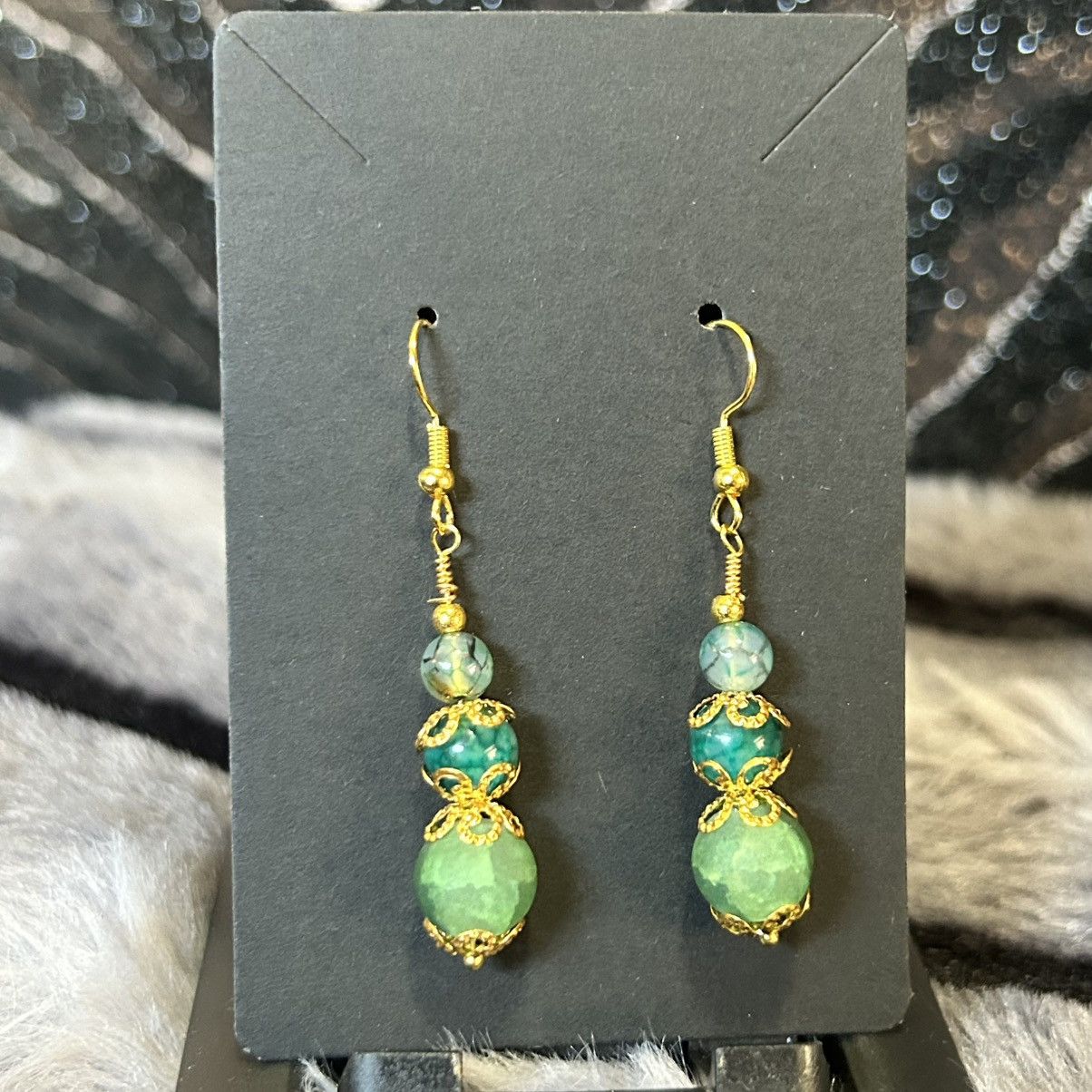 Handmade Handcrafted green crackle glass dragon vein agate earrings Size ONE SIZE - 2 Thumbnail