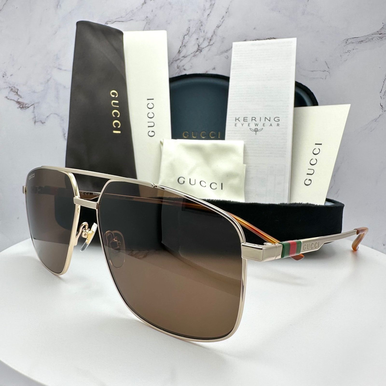 Gucci New GUCCI Sunglasses Gold Metal Square Aviator Red Green Size ONE SIZE - 1 Thumbnail