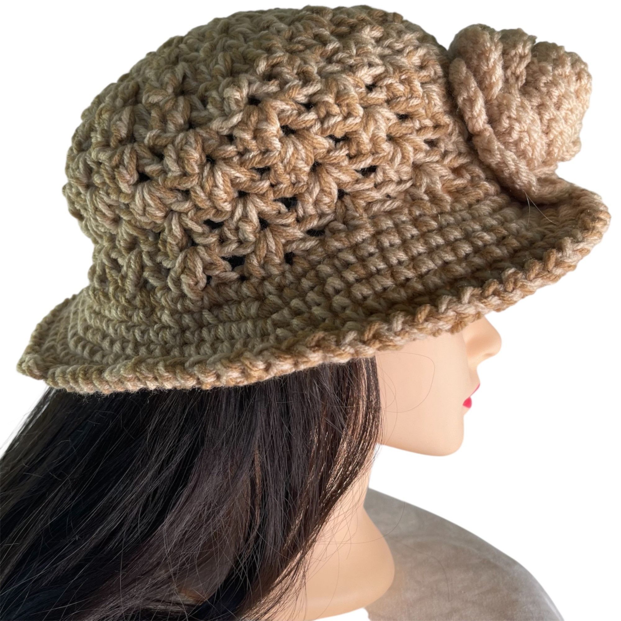 Handmade Crochet Bucket Hat Fancy Retro Cloche Style Tan Handmade Adu Size ONE SIZE - 3 Thumbnail