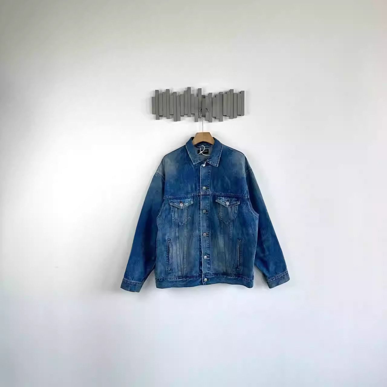image of Balenciaga Spray Paint Effect Logo Print Denim Coat in Blue, Men's (Size Medium)