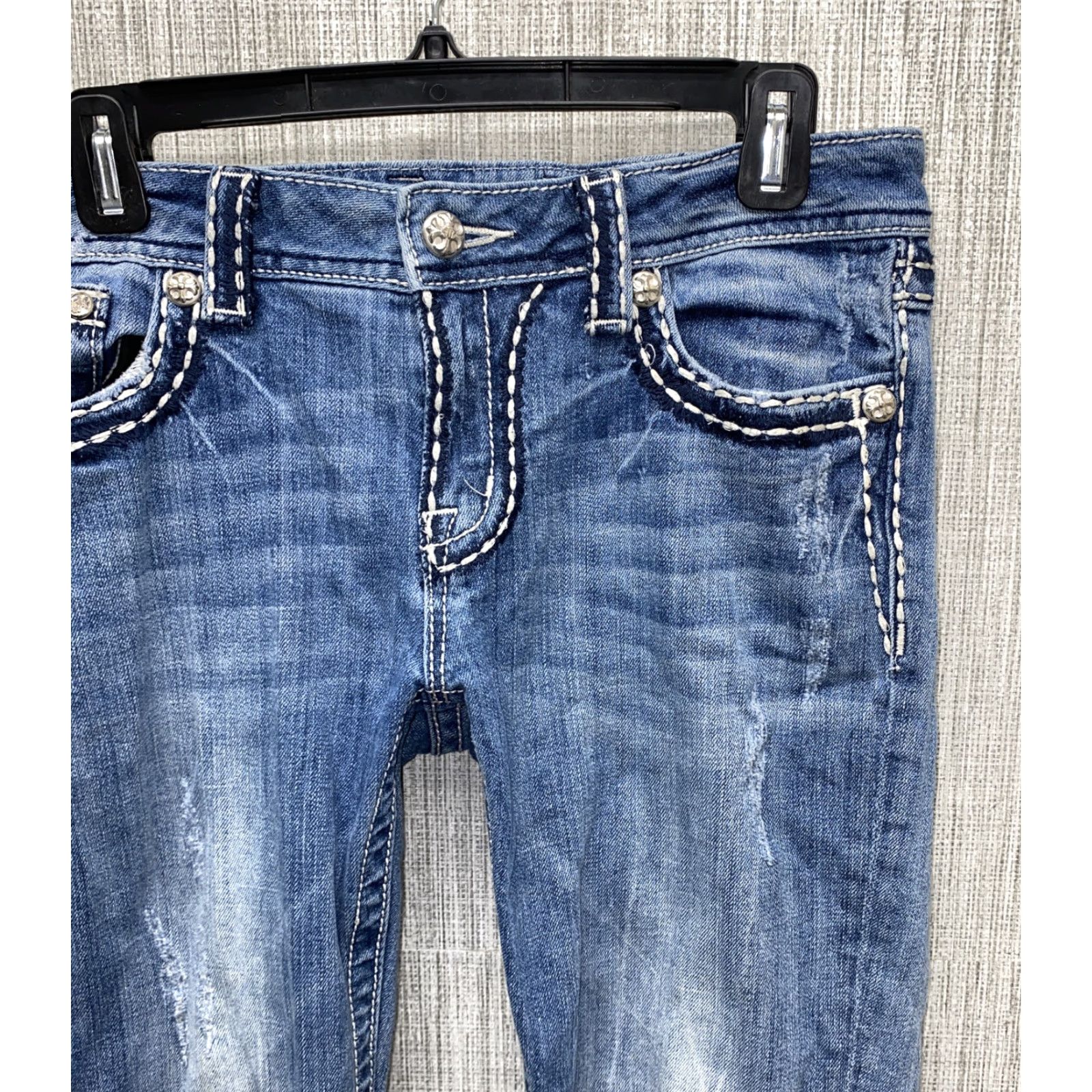 Miss Me Miss Me Jeans Easy Boot Womens 29 JE5014E2R Low Rise Distressed Bling Embellish Bootcut Denim Blue Jeans Womens 29 Size 29" - 3 Thumbnail
