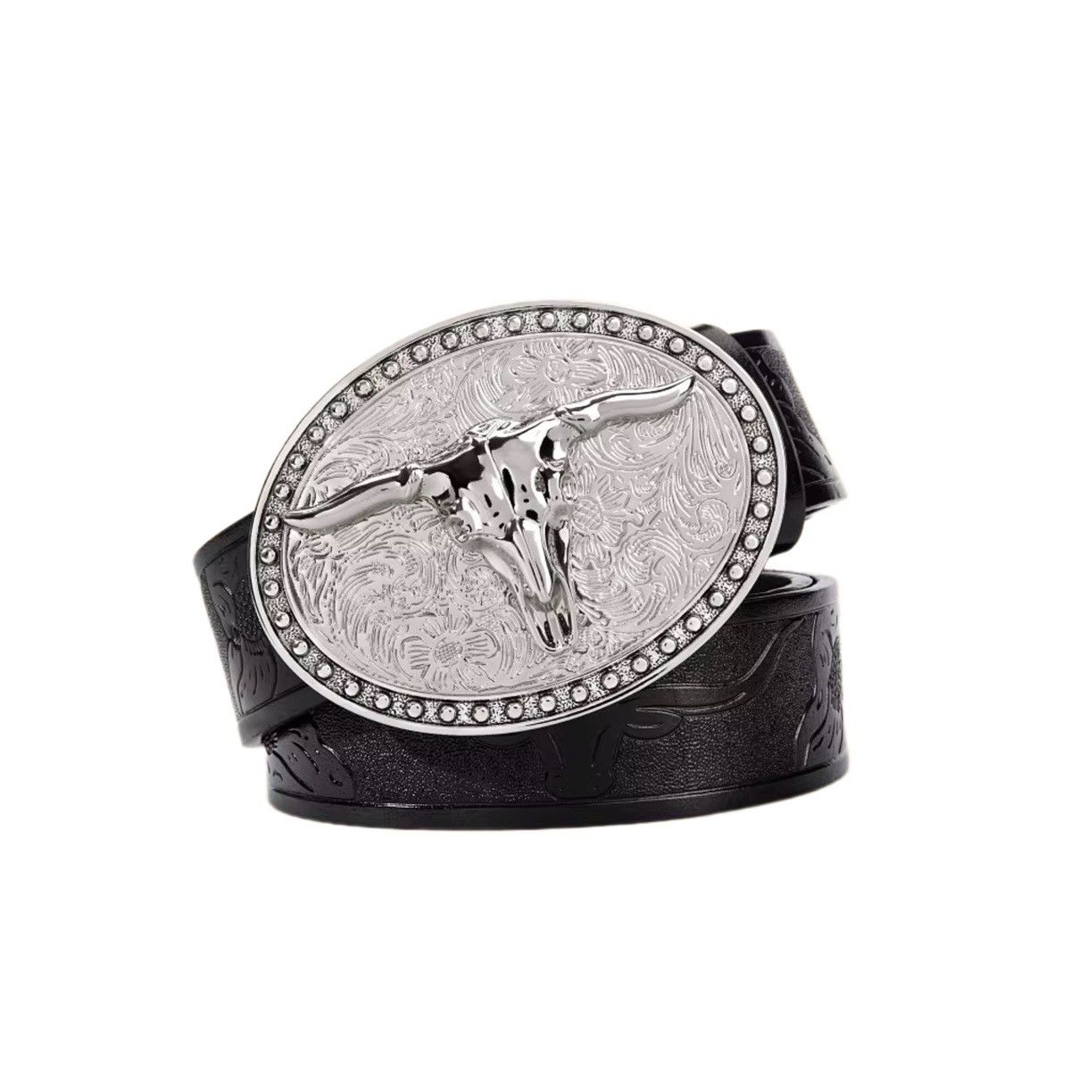 Leather Cowboy Longhorn Bull Pattern Buckle Belt Size ONE SIZE - 1 Thumbnail