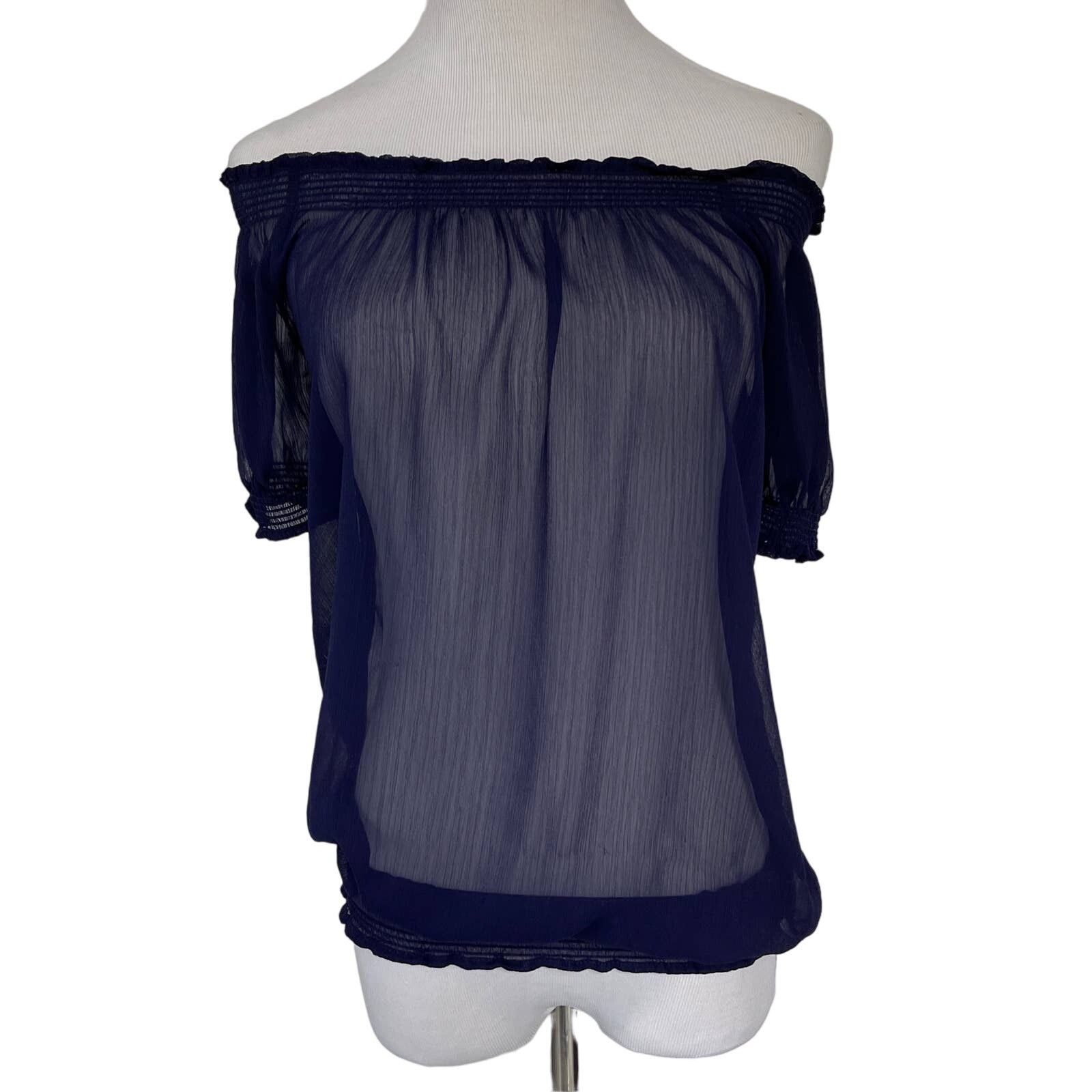 Other Navy Blue Short Sleeve Sheer Blouse Off Shoulder Small Size S / US 4 / IT 40 - 3 Thumbnail