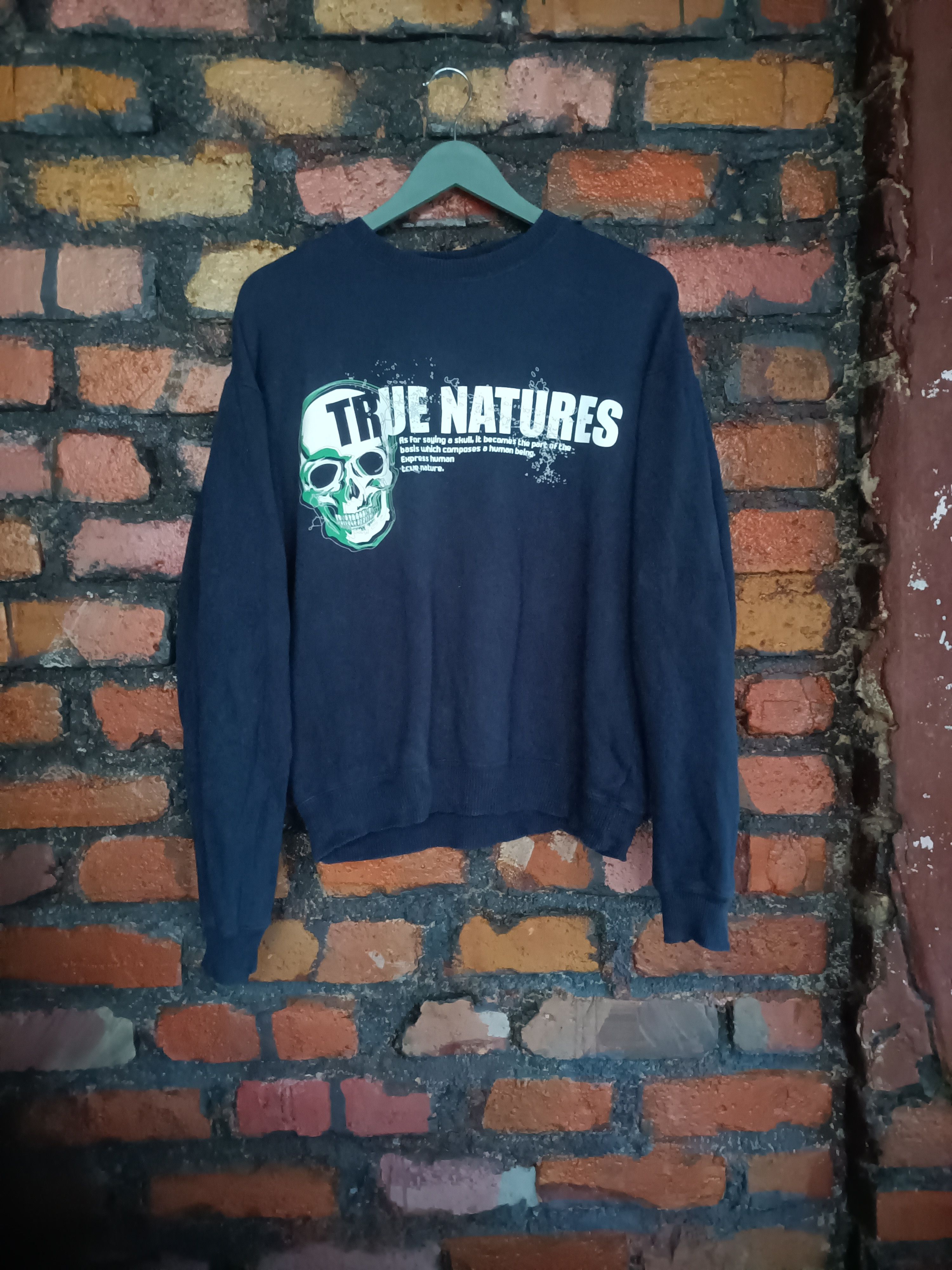 image of Vintage True Natures Skull Head Sweatshirt in Navy Blue, Men's (Size Medium)
