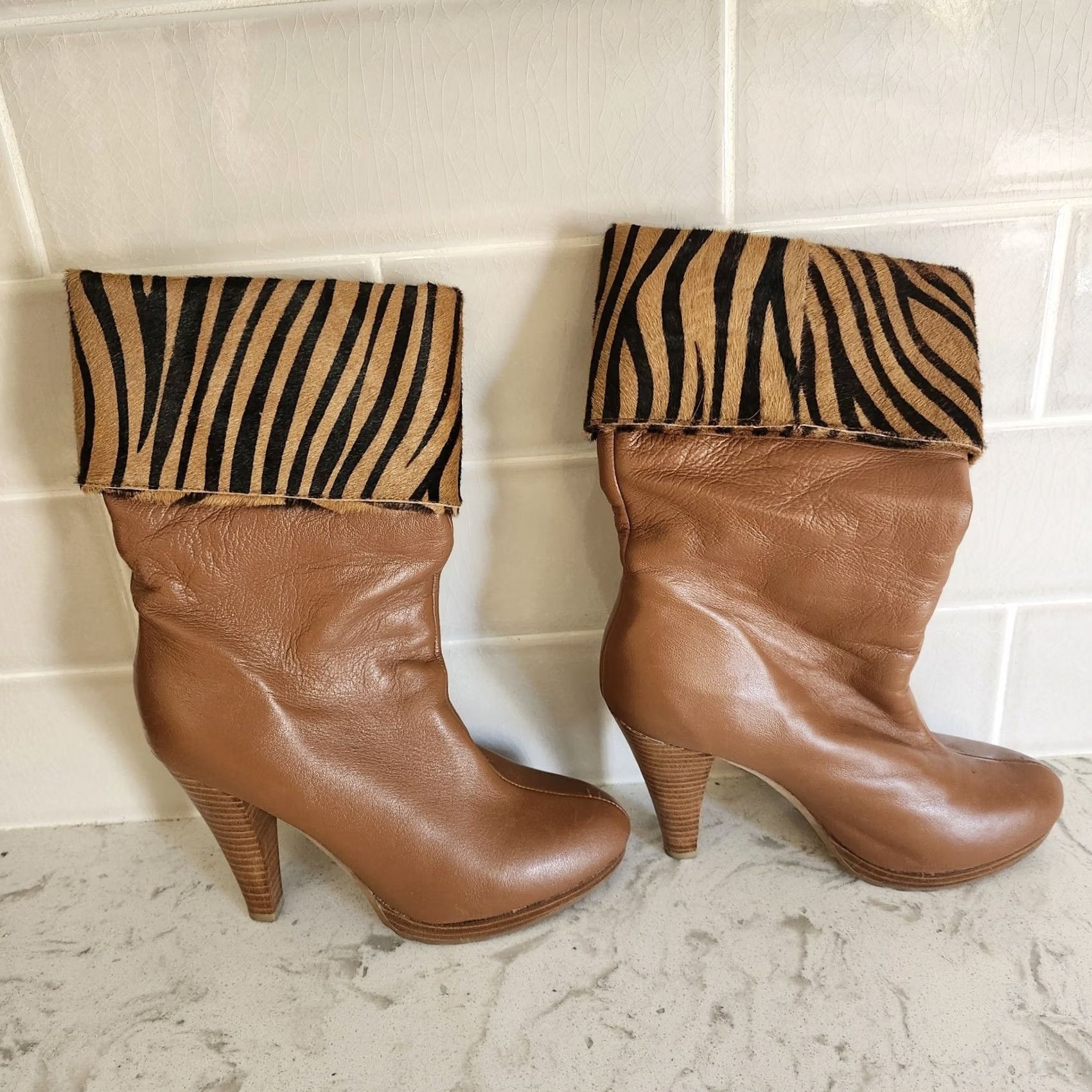 Vintage VINTAGE? Curations Women's Brown Zebra Leather Print Bootie - Size 7M - Leather Upper - Animal Print - Slip On - Heel 3in - Boot, Shoes Size US 8 / IT 38 - 4 Thumbnail