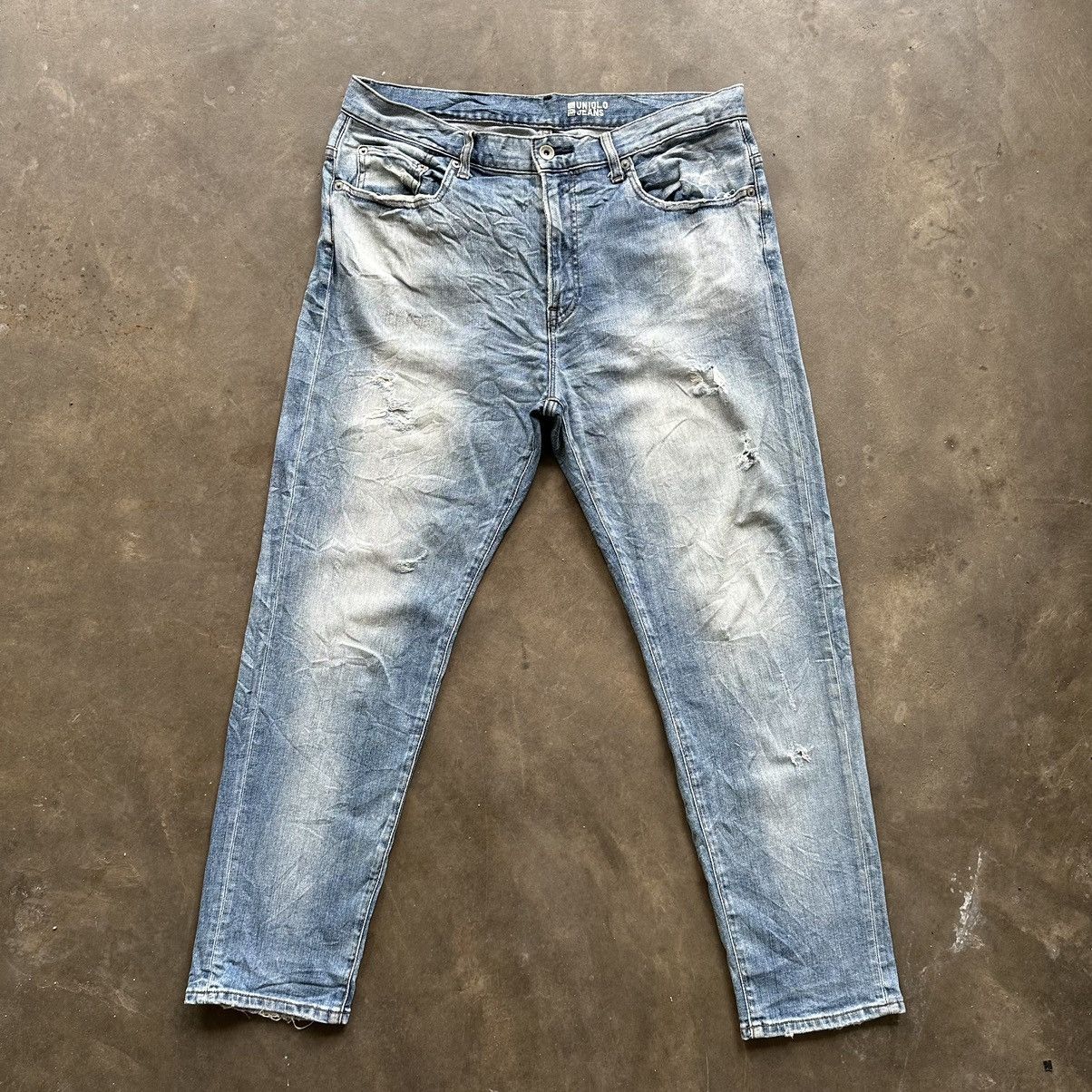 W34 🔥 Vintage Uniqlo Distressed Faded Lightwash Denim Jean