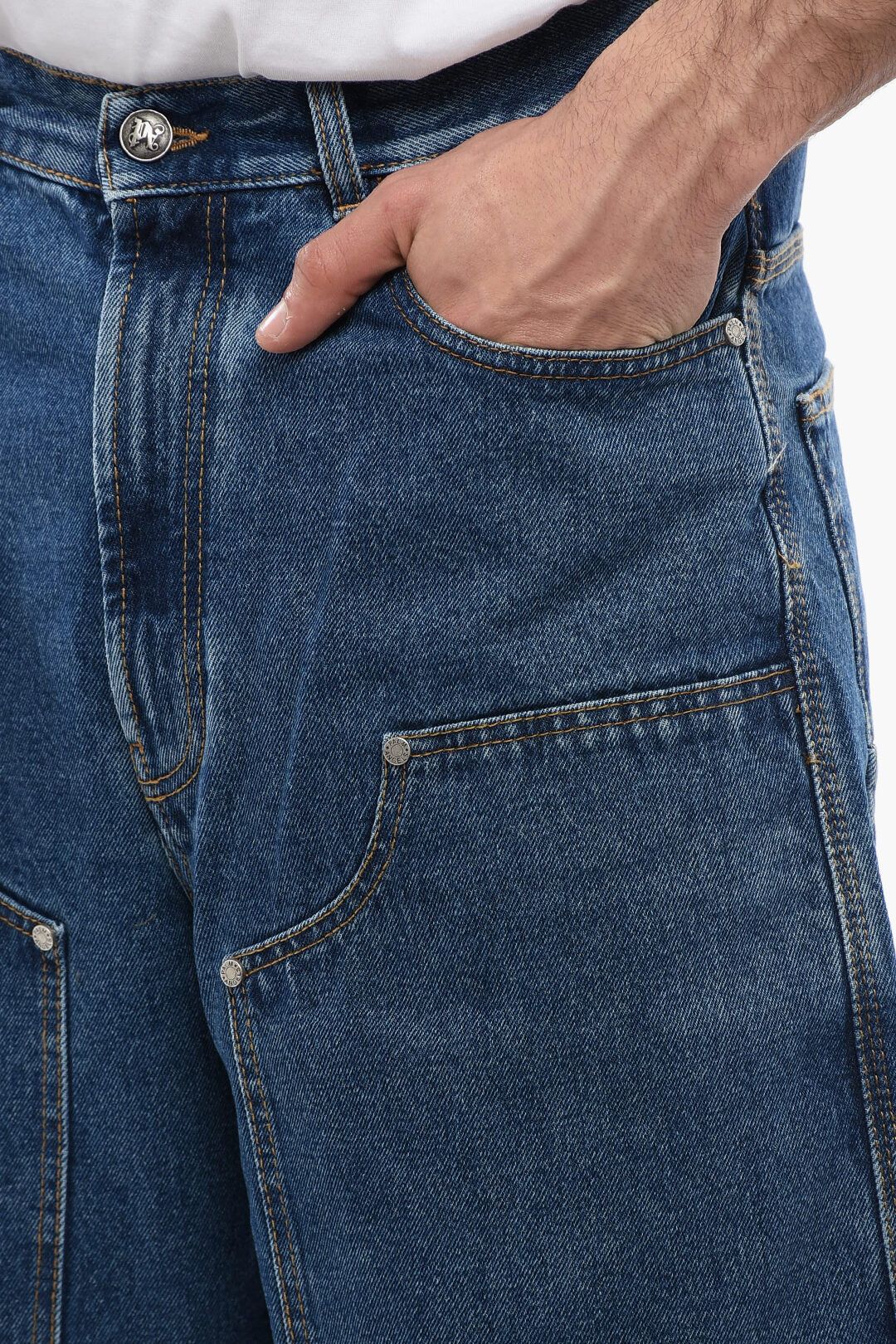 Palm Angels og1mm0825 Multipocketed Mid Wash Denim Short in Blue Size US 33 - 3 Thumbnail