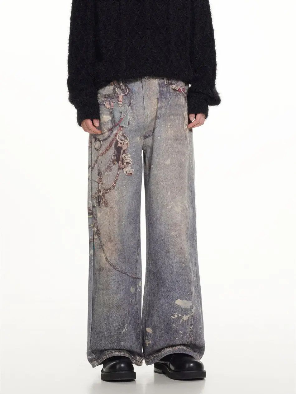 Japanese Brand × Jean Retro loose wide leg printed chain jeans Size US 32 / EU 48 - 5 Thumbnail