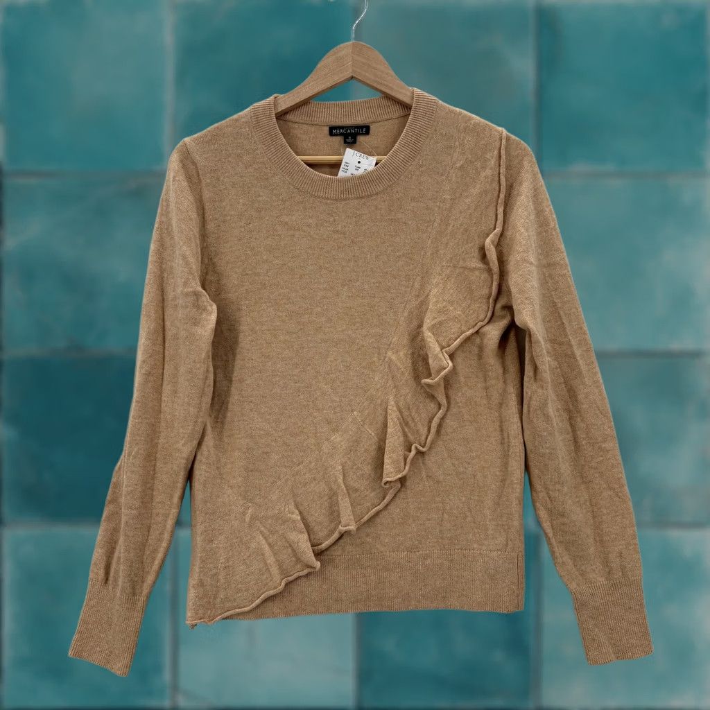 J.Crew J.CREW Mercantile Sweater Womens S Brown Ruffle Front Crew Neck Pullover NWT Merchants Knit Solid Casual Mens Womens Girls? Size S / US 4 / IT 40 - 1 Thumbnail