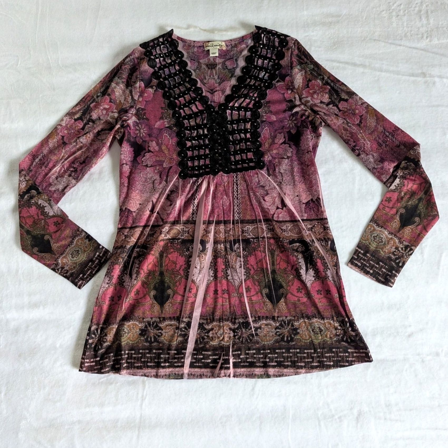 Pinko Pink Paisley Beaded V-Neck Long Sleeve Tunic Top Women's S Boho Blouse Shirt Size S / US 4 / IT 40 - 2 Thumbnail