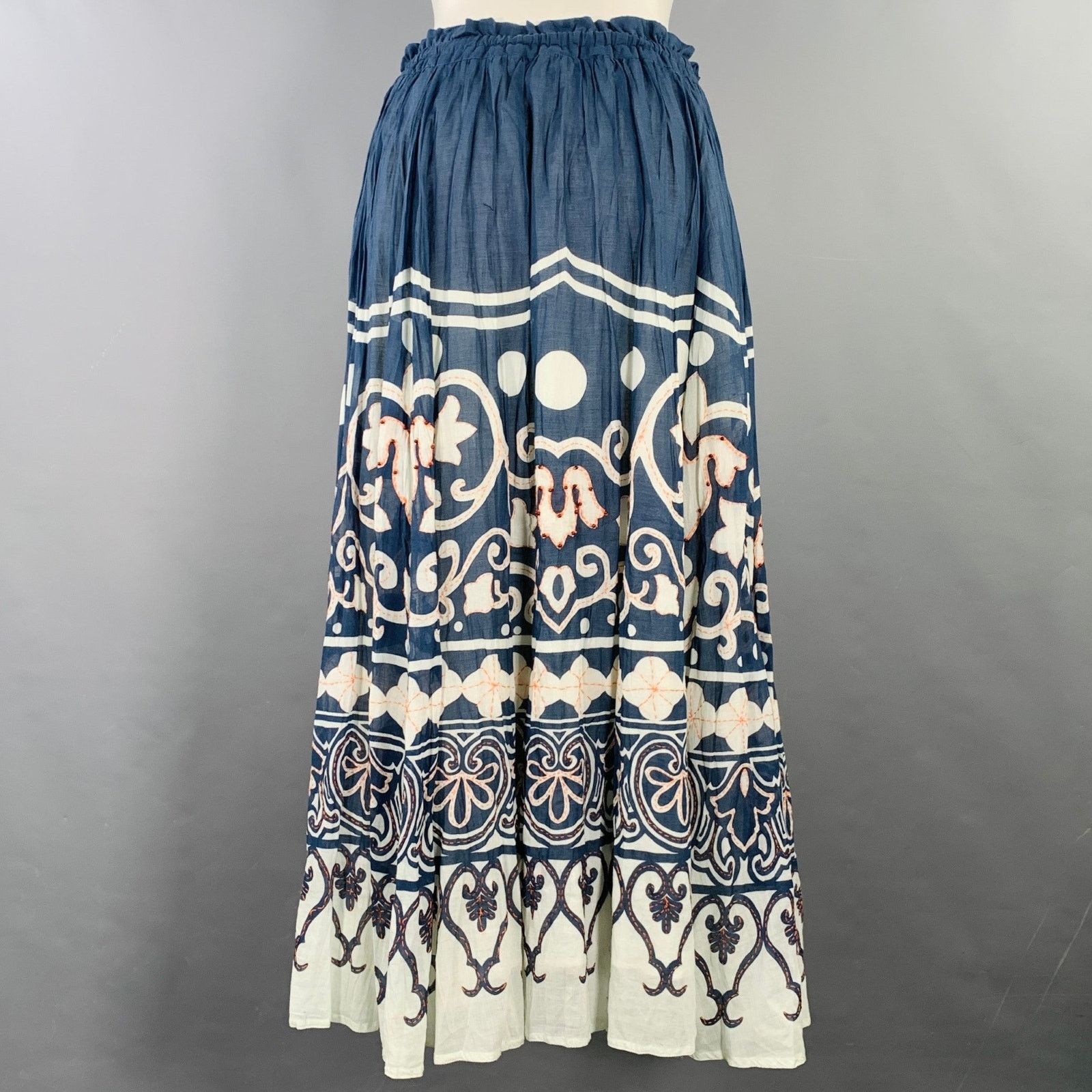Polo Ralph Lauren Size 4 Blue White Cotton Abstract Floral Beaded Midi Skirt Size 27" / US 4 / IT 40 - 3 Thumbnail