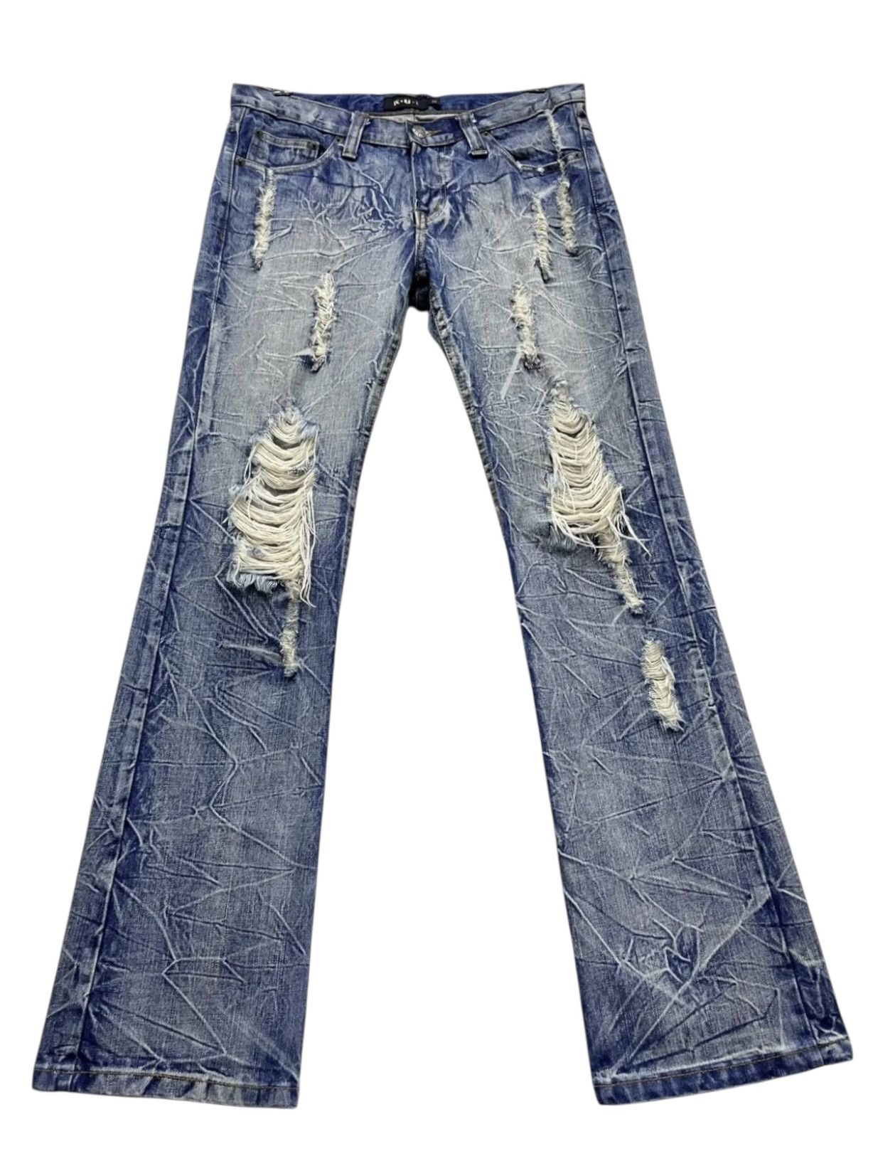 Japanese Brand SICK🔥Vtg KUI Acid Wash Ripped Flare Denim Size US 31 - 2 Thumbnail