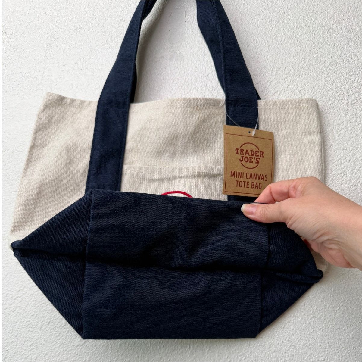 Other NWT Trader Joe’s Mini Canvas Tote Bag Navy Cream Red Logo Size ONE SIZE - 6 Thumbnail