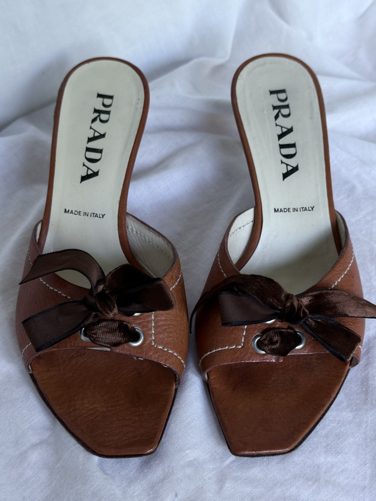 Prada Leather Brown Velvet Bows Mules Kitten Heels