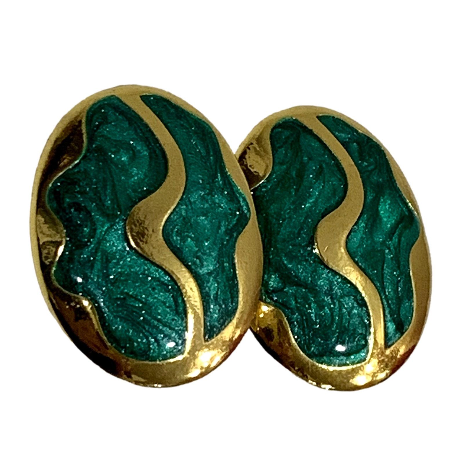Jewelry × Vintage Vintage 80s Large Oval Gold & Green Enamel Swirl Earrings Size ONE SIZE - 3 Thumbnail