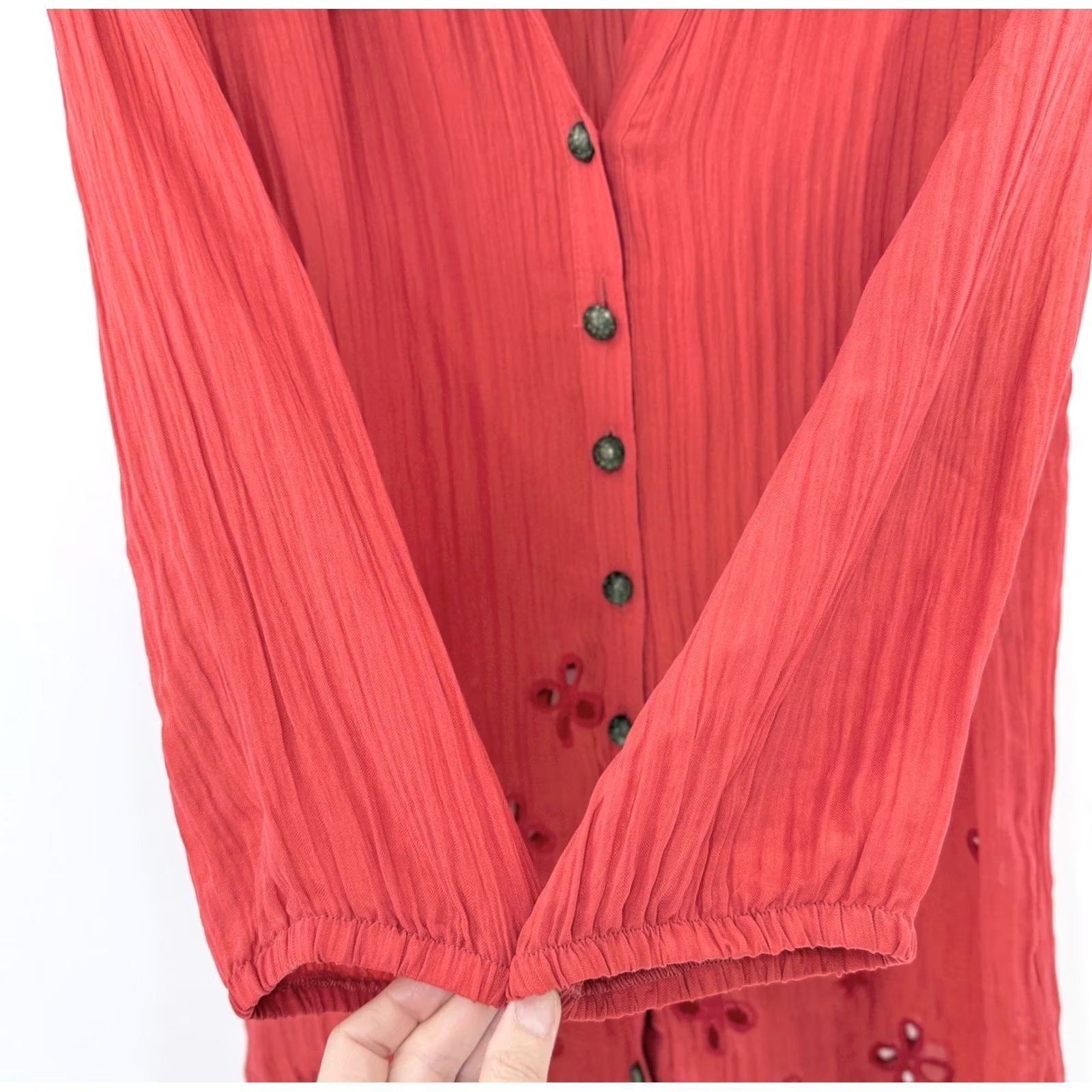 Vintage Couture Vers Yours Women's Red Embroidered Tunic Blouse L Boho Floral Button-Up Long Sleeve Size L / US 10 / IT 46 - 6 Thumbnail