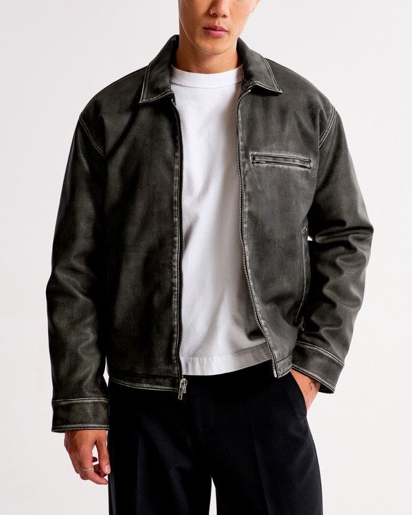 Abercrombie & Fitch Cropped Vegan Leather Zip Trucker Jacket Size US XL / EU 56 / 4 - 1 Thumbnail