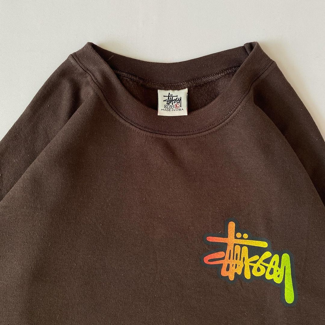 Stussy × Vintage 🔥Vintage 90s Stussy Rasta Spellout Logo Brown Crewneck Size US L / EU 52-54 / 3 - 8 Thumbnail