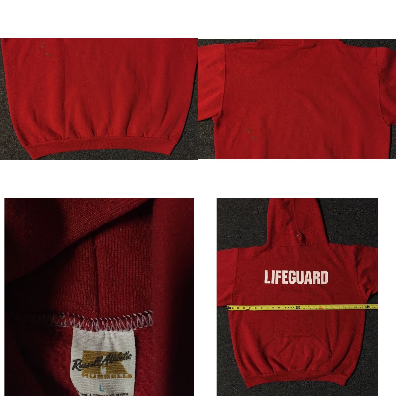 Vtg Russell Lifeguard Hoodie Shirt M L Red USA 80s 90s Vintage Boxy Athletic Pullover Men TracK Surf Grunge Spring Style