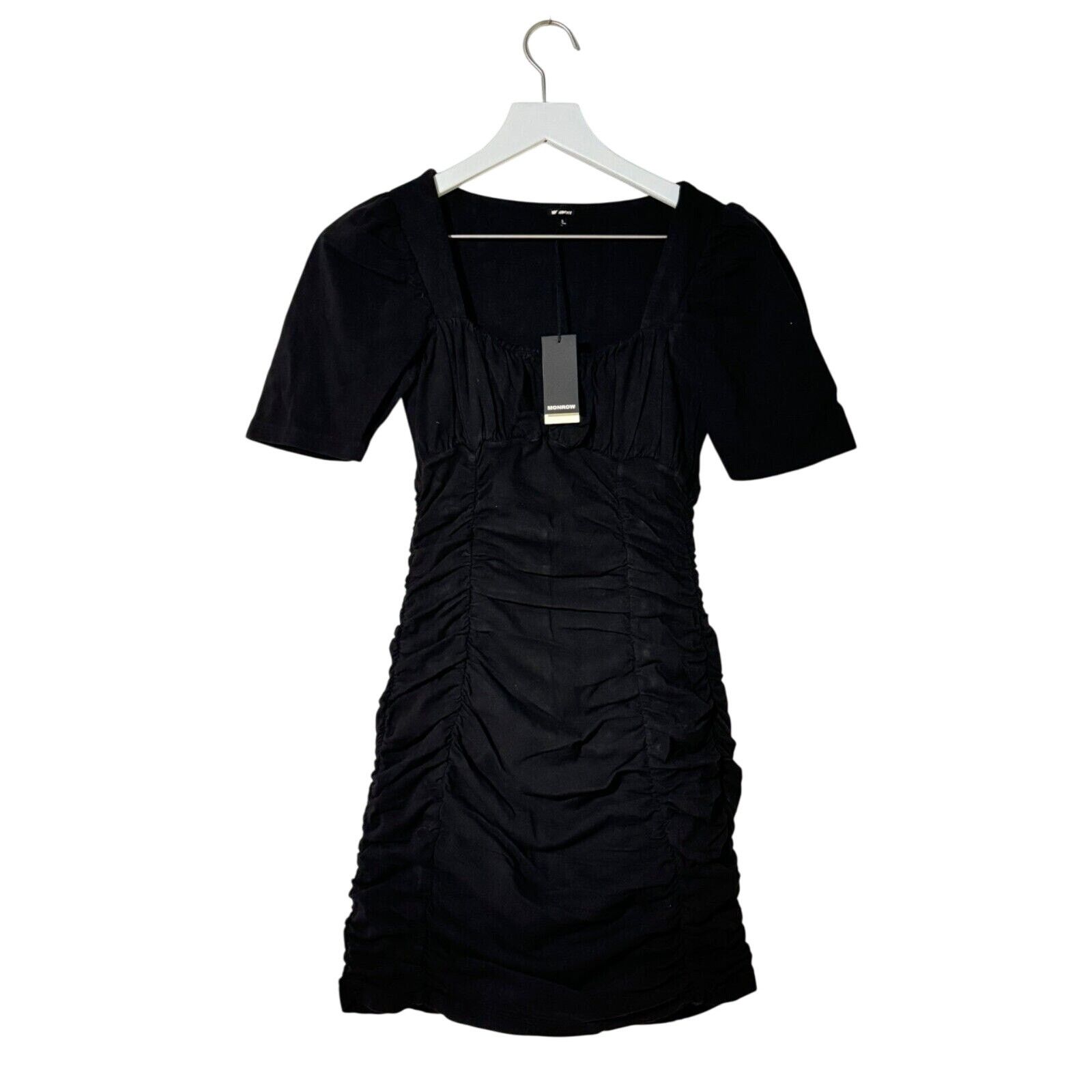 MONROW Monrow Shirred Mini Dress Black Square Neck Fitted NWT Small Size S / US 4 / IT 40 - 6 Thumbnail