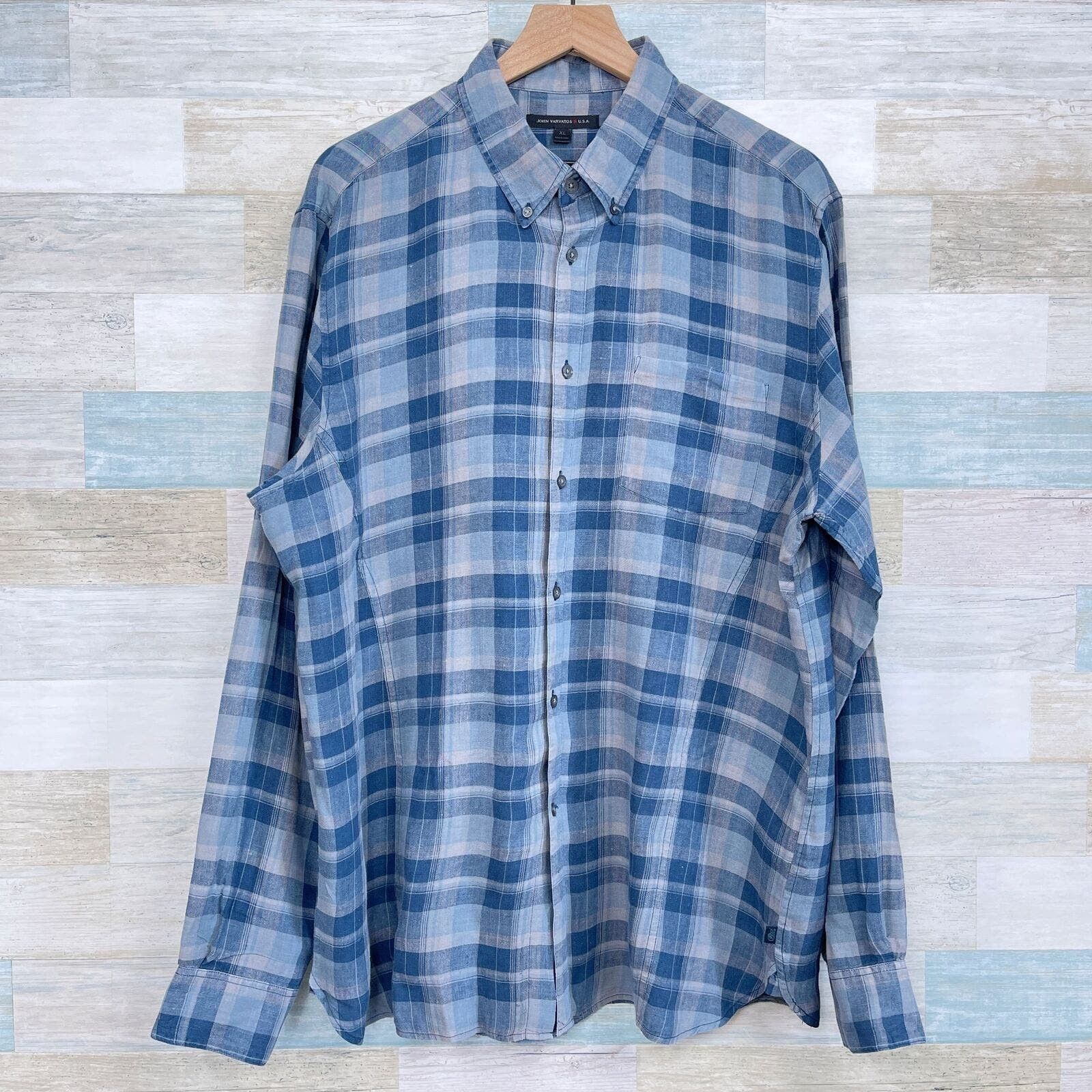 image of John Varvatos Usa Linen Shirt Blue Plaid Button Down Mens Xl