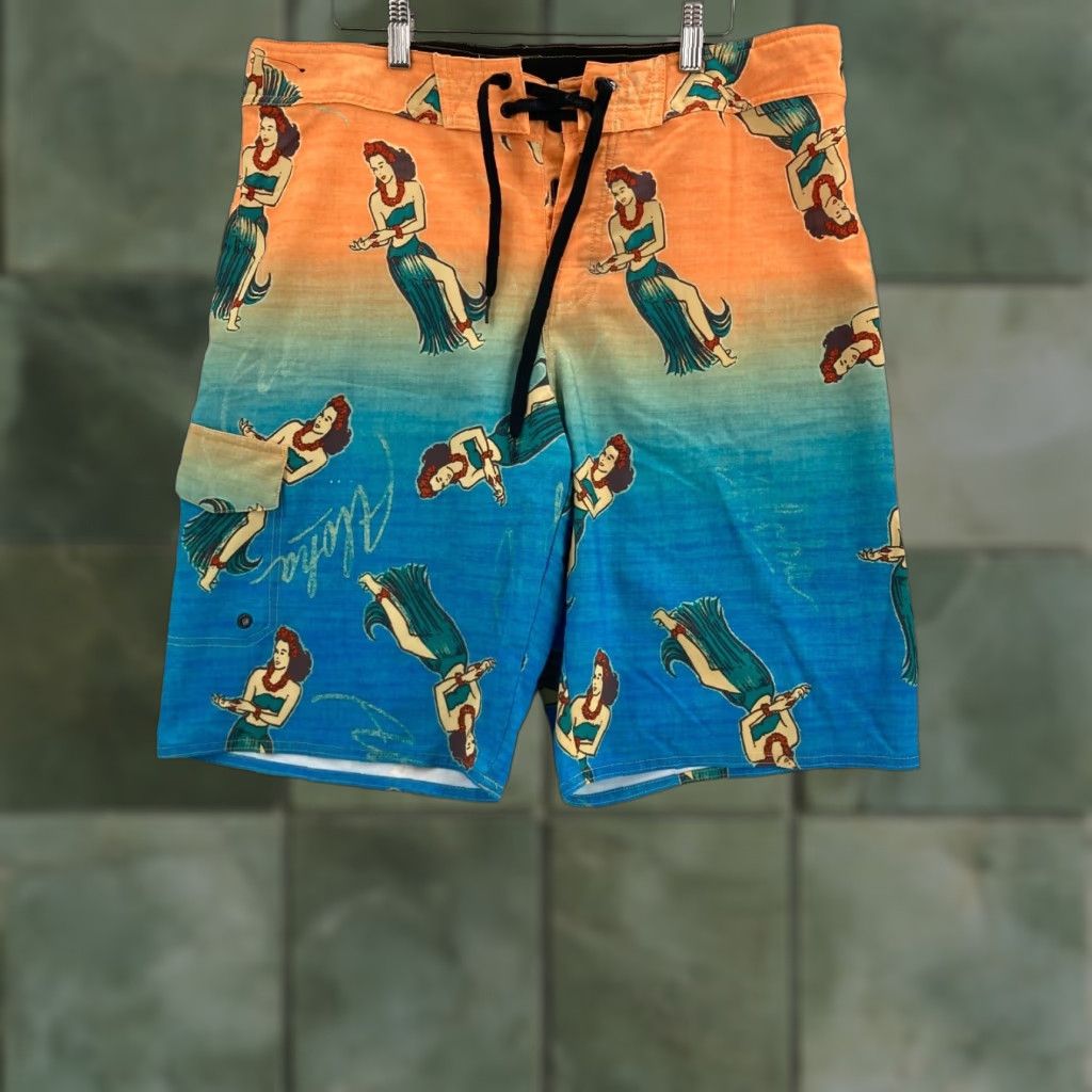 Hang Ten VINTAGE Hang Ten Board Shorts Mens 34 Orange Blue Hawaiian Hula Girl Aloha Beach Surfing Size US 34 / EU 50 - 1 Thumbnail