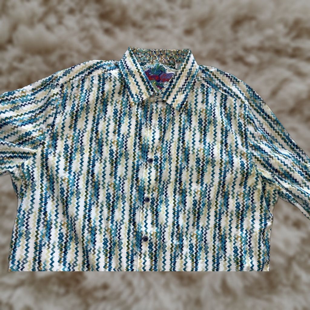 Robert Graham Shirt Button-Up XL Long Sleeve Multicolored-Wavy Striped Cotton Classic Fit Mens